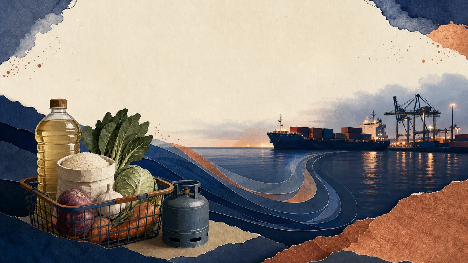 Editorial illustration of imported household essentials, a cargo ship, and abstract exchange-rate pressure