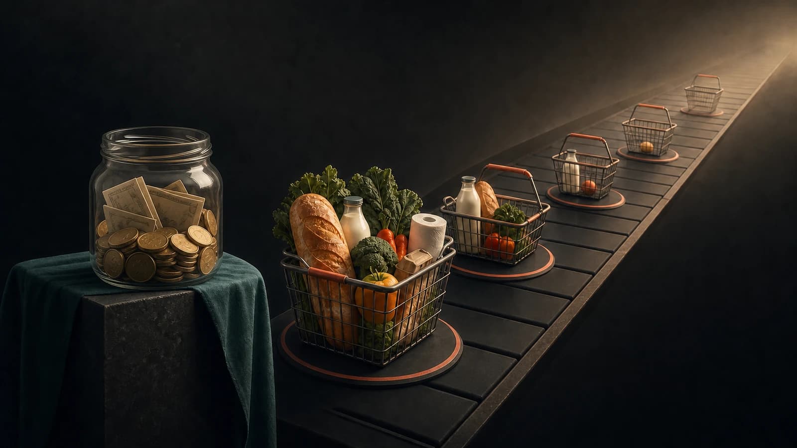A fixed jar of money beside grocery baskets that hold less and less as they move into the future