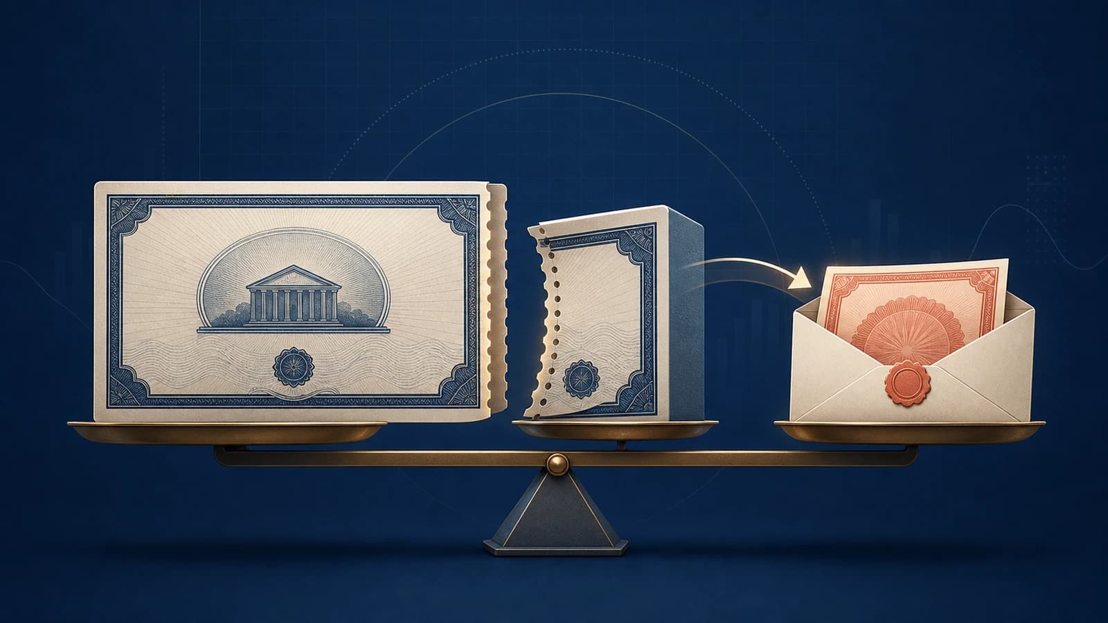 Editorial illustration of an ex-dividend stock certificate separating into a smaller share value and a cash dividend while balanced on a scale
