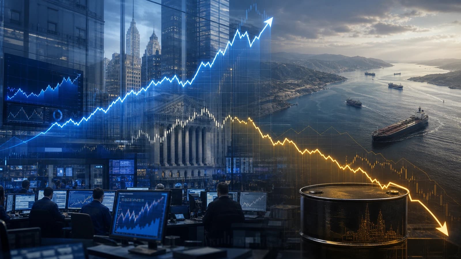 Editorial illustration of rising U.S. stocks, falling oil prices, market terminals and tankers near the Strait of Hormuz