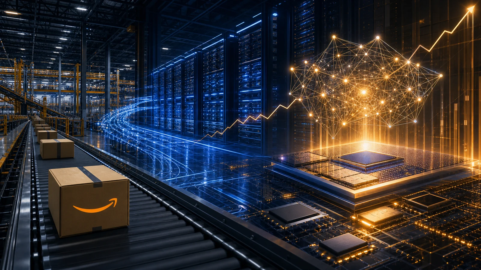Editorial illustration of Amazon fulfillment conveyors, cloud data-center servers, and an AI chip surrounded by a rising market line
