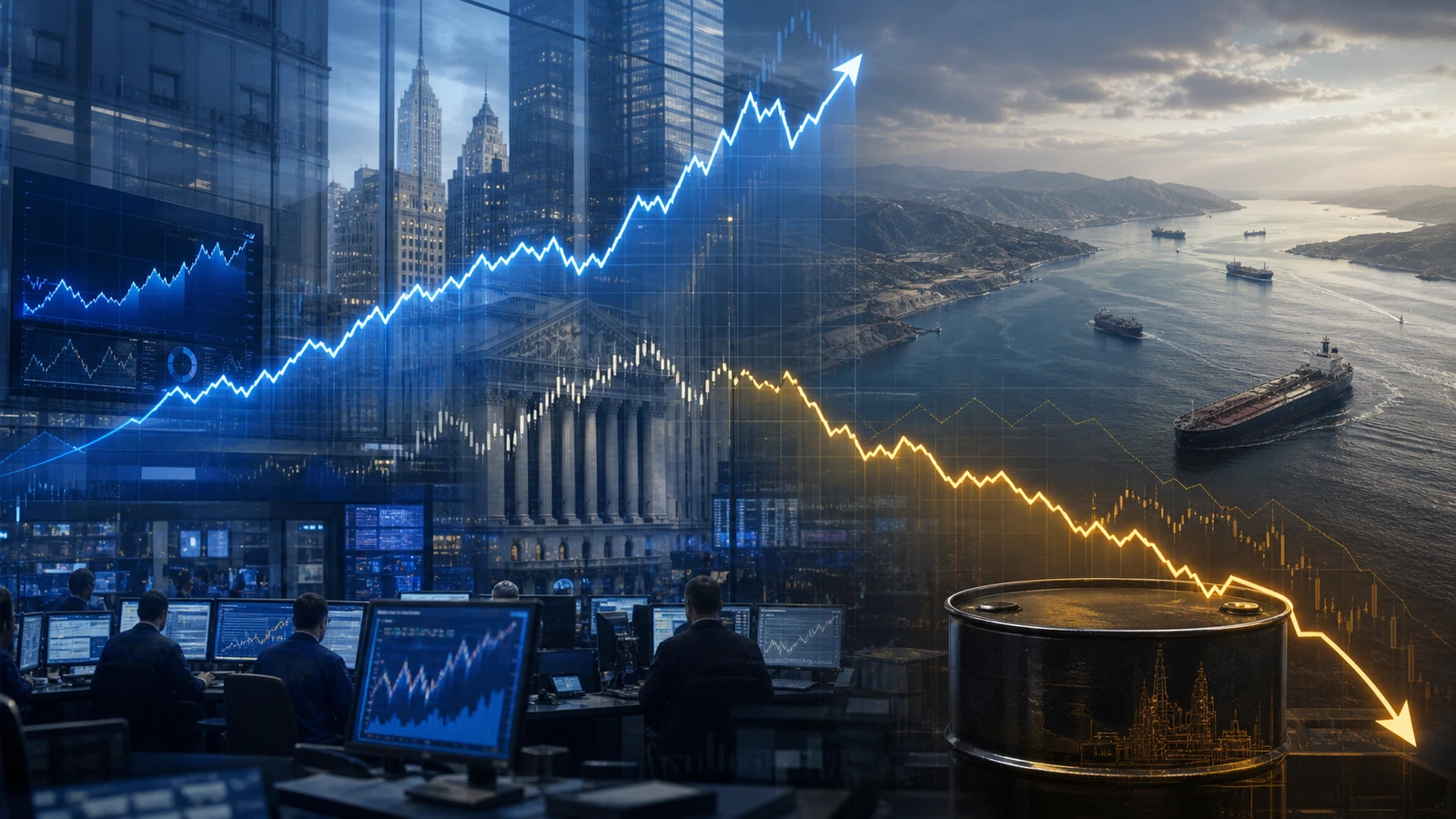 Editorial illustration of rising U.S. stocks, falling oil prices, market terminals and tankers near the Strait of Hormuz