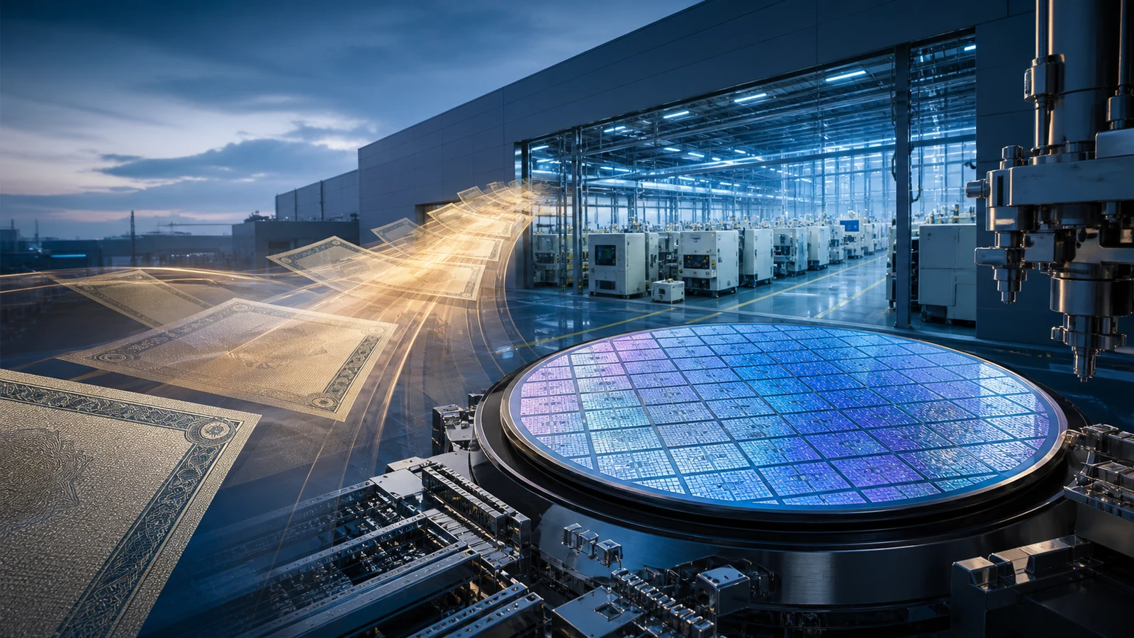 Editorial illustration of semiconductor fabrication equipment, a silicon wafer, and capital flowing toward a chip factory