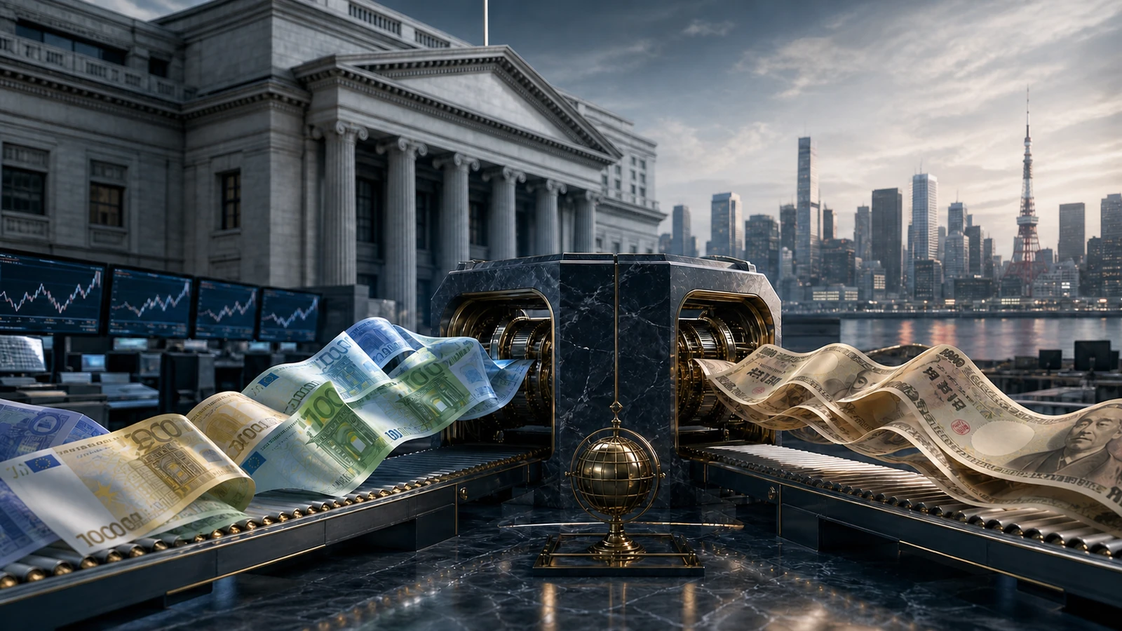 Editorial illustration of an institutional currency exchange converting euros into Japanese yen between U.S. Treasury architecture and the Tokyo financial skyline